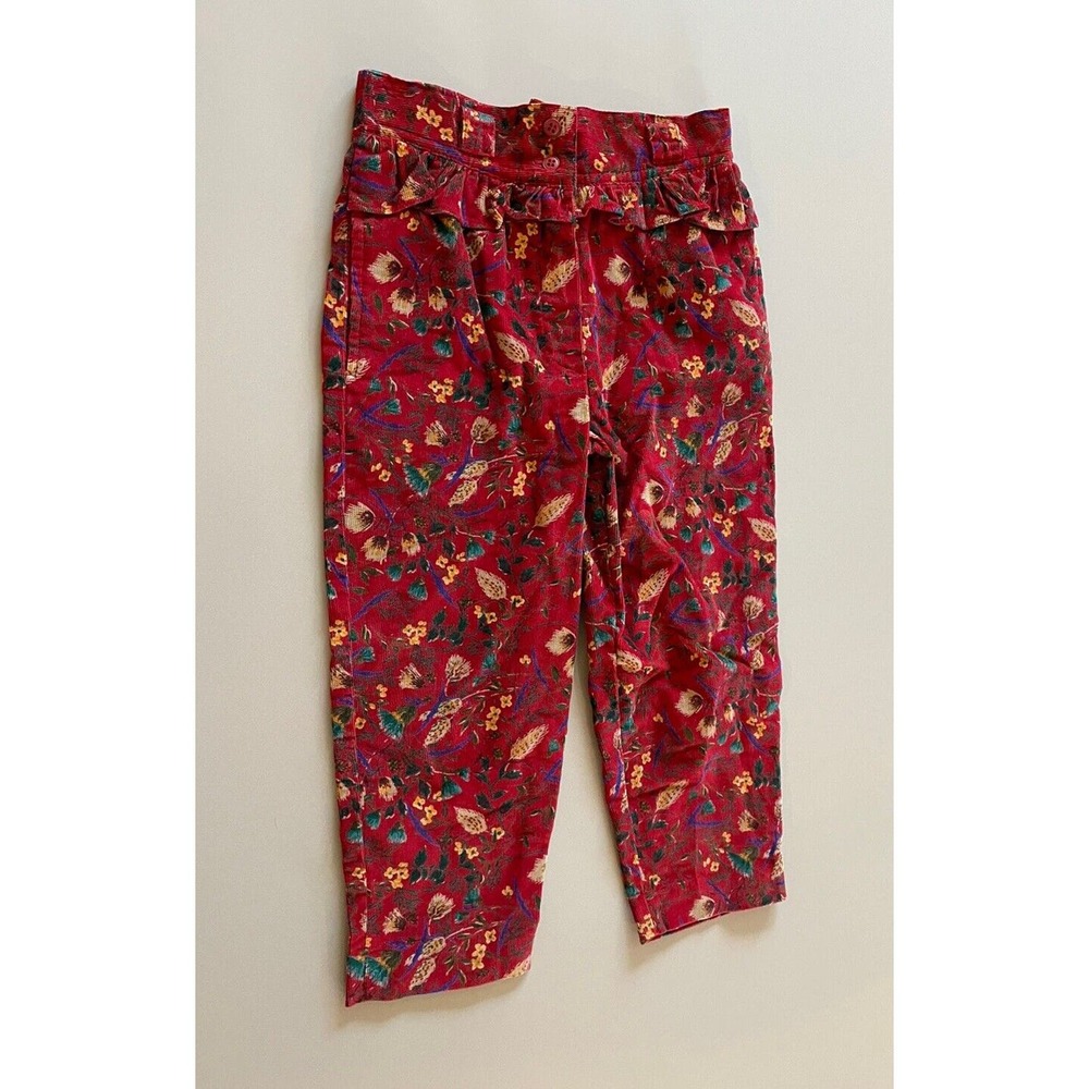 Vintage 1980s Pants Girls Floral Red Corduroy Carroll Reed Boho Size 2 Ruffled